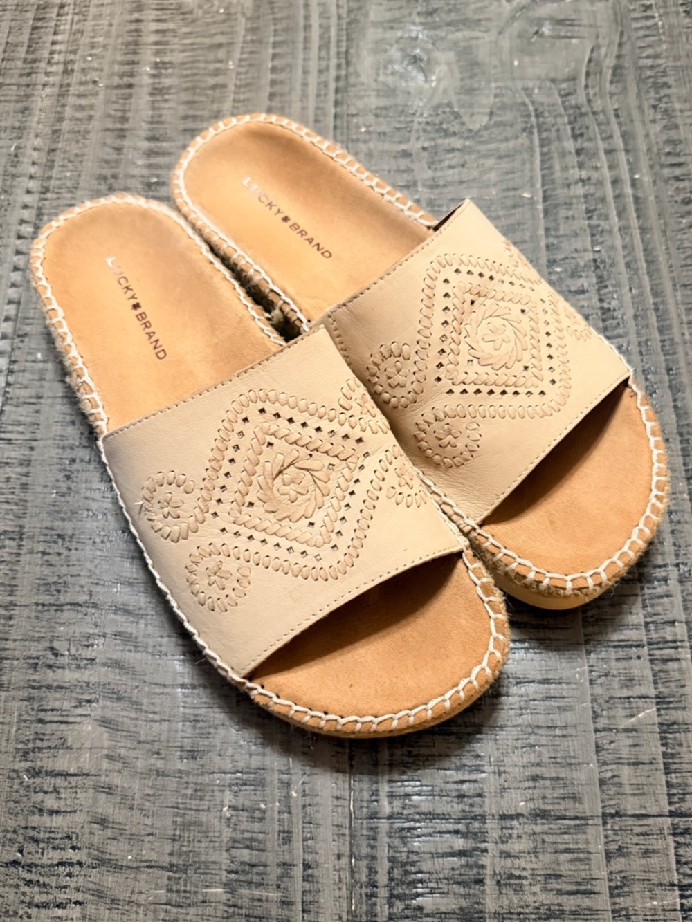 Lucky Brand Neutral Tan Slide Sandals with Embroidered Upper